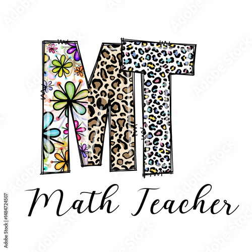 Colorful Math Teacher Design with Flowers and Leopard Print