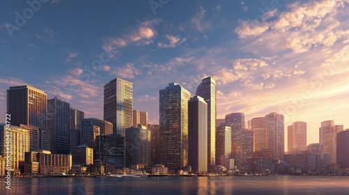 Modern city skyline with skyscrapers at sunset featu reflective glass buildings against colorful sky and waterfront view in urban landscape
