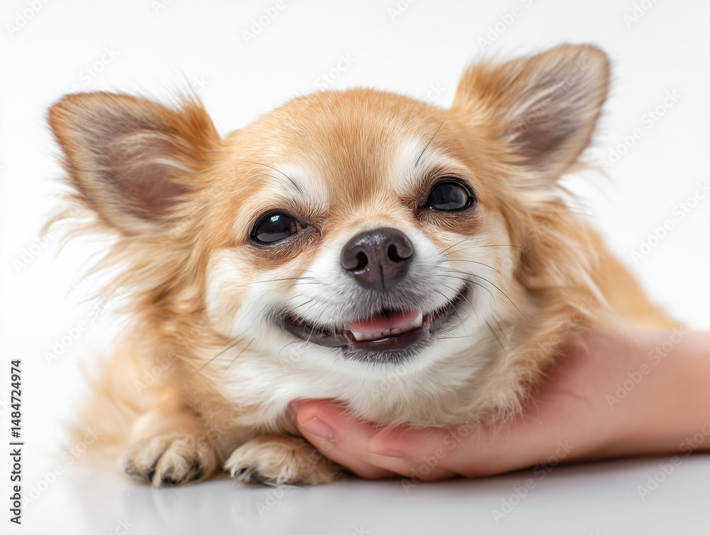 Obraz premium Cute tan chihuahua dog resting its head on a hand. The dog is light brown and has long hair. The dog is smiling and looks happy.