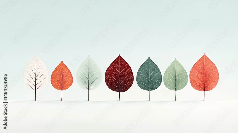 Fototapeta premium Colorful leaves in a row against a light background