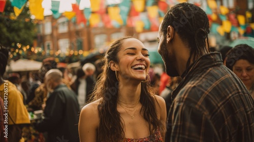 Wallpaper Mural Young Woman Laughing Joyfully with a Man in a Festive Outdoor Crowd, Capturing Moments of Connection and Celebration : Generative AI Torontodigital.ca