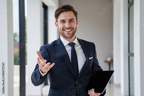 enthusiastic young businessman in navy suit gesturing while holding digital tablet near window, cheerful male professional with confident smile presenting idea in modern bright office environment