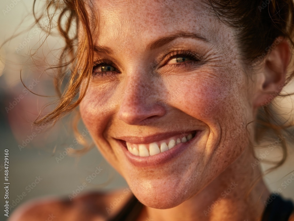 Fototapeta premium Close Up Portrait of Smiling Woman with Freckles Lit by Warm Golden Hour Light, Conveying Happiness and Authentic Beauty : Generative AI
