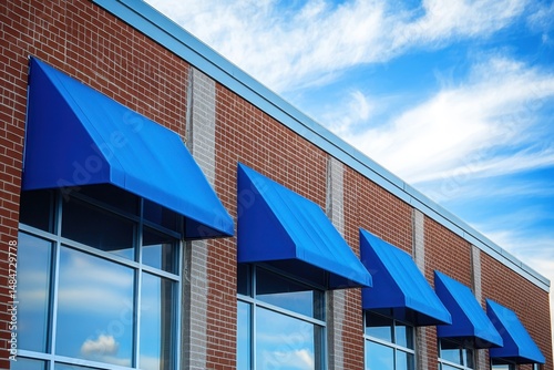 Windows Construction. Under Construction Strip Mall in USA with Blue Awnings and Cloud Reflections