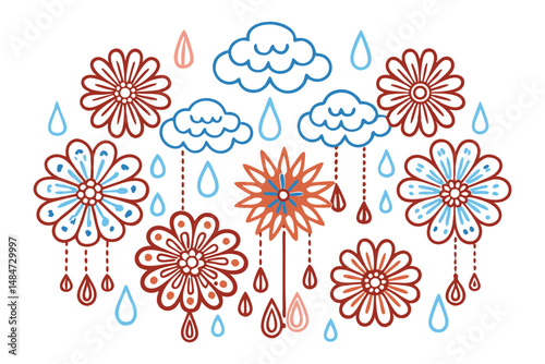 Flowers shaped like clouds with dewdrop accents gently hanging from petals