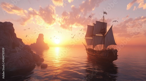Fototapeta Naklejka Na Ścianę i Meble -  A majestic sailing ship navigating the sea during a breathtaking sunset or sunrise scene