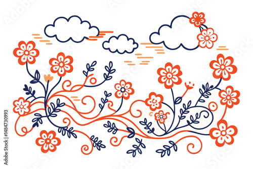 Slender winding vines ending in soft cloud-shaped flower heads