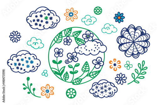 Spherical floral designs with cloud-like textures floating independently.