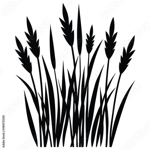 Black silhouette of tall grass blades with cattails on a white background, nature-themed illustration