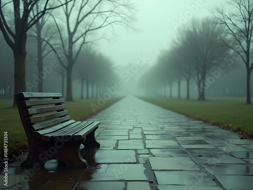 Ethereal Serenity Awaits, A Photorealistic City Park Bench Embraces the Misty Embrace of a Rainy Day offering Solace and Quiet Reflection Amidst Nature's Palette