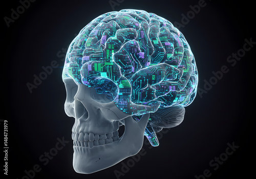 Digital brain in skull illustration