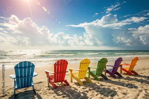 A row of colorful beach chairs are lined up on the beach