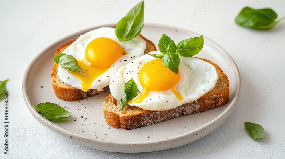 Fototapeta premium Two slices of toasted bread topped with fried eggs and fresh basil leaves are attractively arranged on a plate, offe a delicious and nutritious breakfast meal.