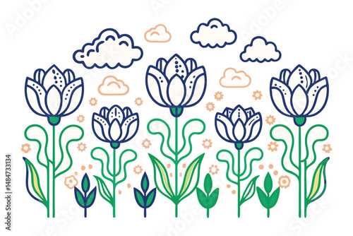 Tulip-like blooms with ultra-smooth, curved edges mimicking velvet cloud forms