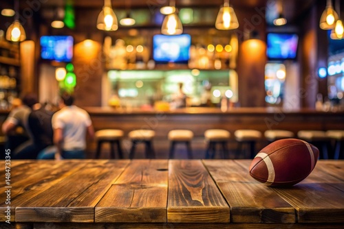 A football is sitting on a wooden table in a bar