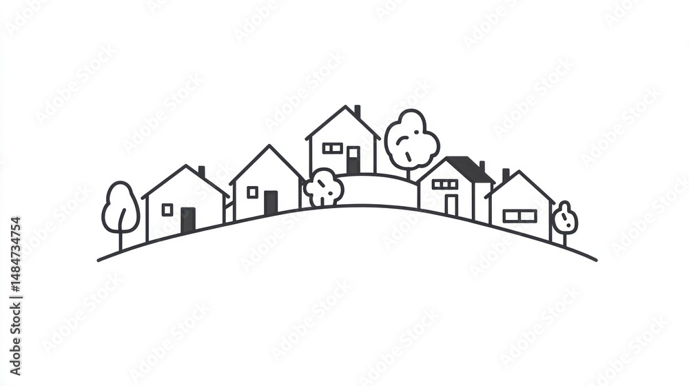 Fototapeta premium Simple Line Drawing of Homes on a Hill