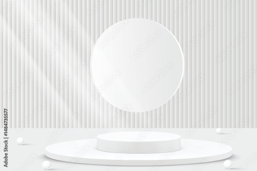 3D white podium stand with circle backdrop on white background is perfect for modern interior concept product display mockups. Vector illustration 3D white podium stand with circle backdrop on white background is perfect for modern interior concept product display mockups. Vector illustration