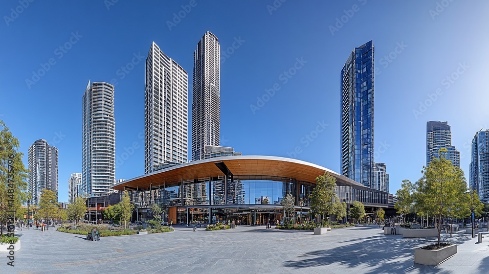 Obraz premium Modern urban landscape with tall buildings and a curved structure under a clear sky