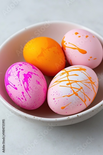 A bowl of eggs with pink and orange paint splatters on them. The eggs are arranged in a row, with the pink and orange ones in the middle and the white ones on the left and right