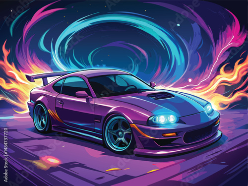 Supra  purple car illustration neon art digital painting vectorize illustration design