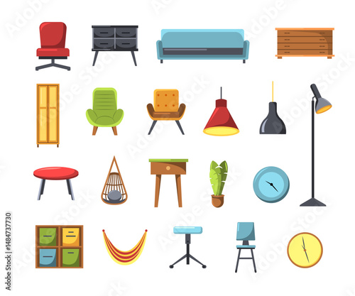 Vector set of house furniture illustration including sofa chairs tables and lamps ideal for interior design and home decor