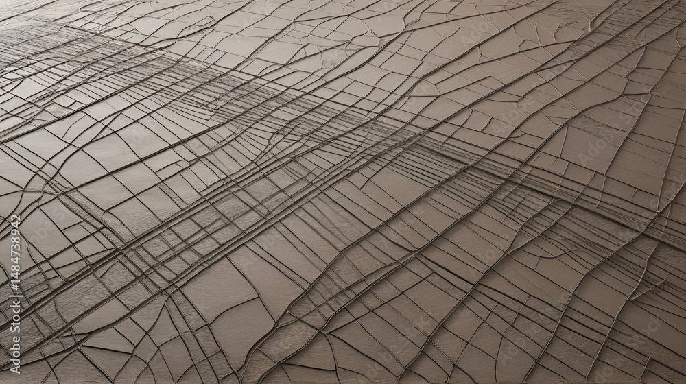 Obraz premium Crisscrossing lines and fissures create a map like appearance. The surface is uneven, with a tactile quality that invites touch. The color is a muted blend of brown and gray.