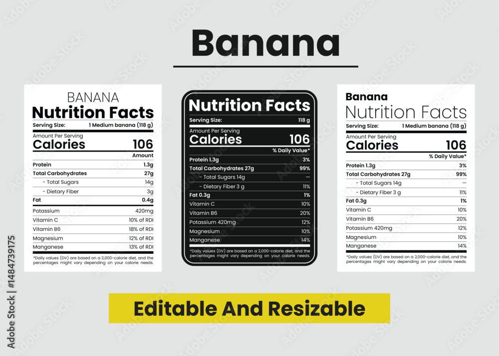 Obraz premium nutritional value of bananas, nutrition facts, nutrition label, banana nutrition facts, banana nutrition info, and supplement facts template design. Vector set.