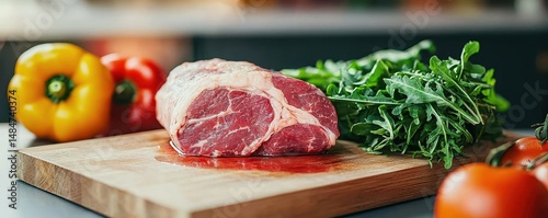 Preparing fresh meat with vegetables kitchen culinary bright environment close-up cooking concepts