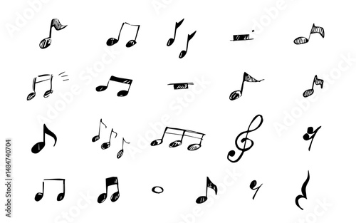 手書き風の音符のイラストセット(モノクロ)