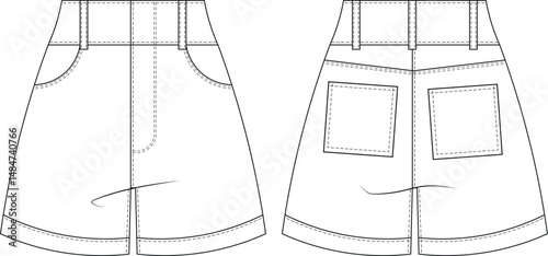 mid rise mid waist high rise high waist with pockets  cuffed hem wide leg denim jean short template technical drawing flat sketch cad mockup fashion woman design style model 
