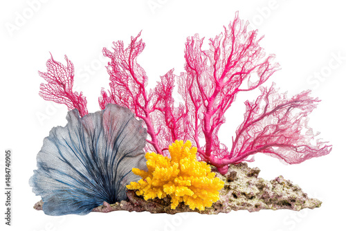 Fototapeta Naklejka Na Ścianę i Meble -  Colorful coral arrangement with yellow and pink sea fans on transparent background