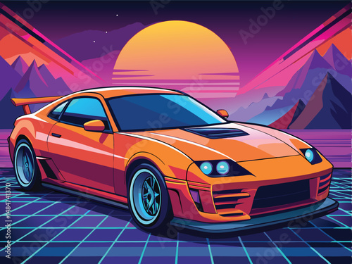 Supra  orange sports car retro wave art style illustration vectorize illustration design