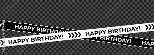 Monochrome diagonal birthday ribbons with Happy Birthday text and arrows, dynamic festive caution concept. Great for party banners, digital greetings, decor, stickers. Isolated vector illustration.