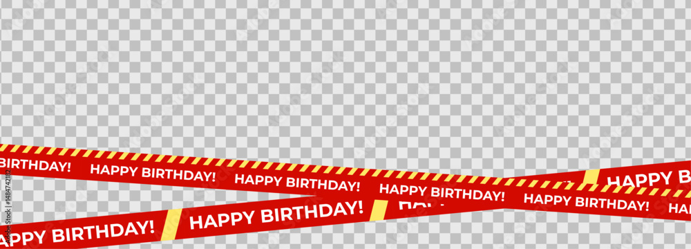 Fototapeta premium Birthday tape with red diagonal ribbons, bold Happy Birthday text, festive vibe, party caution concept. Perfect for invitations, cards, banners, packaging, events. Isolated vector illustration.