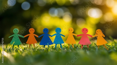 Colorful paper dolls holding hands in a row on a grassy field