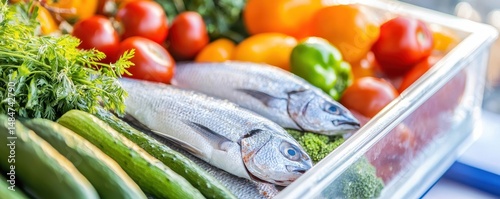 Food safety practices for storing raw fish and fresh vegetables in a kitchen environment