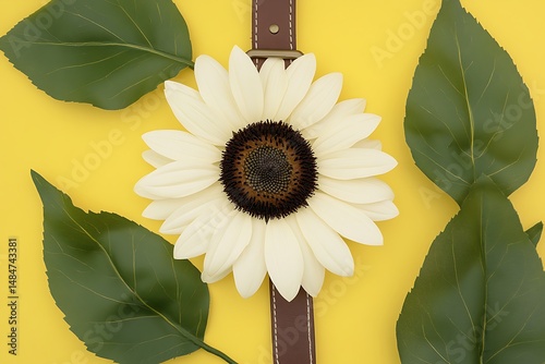 White sunflower with strap against yellow