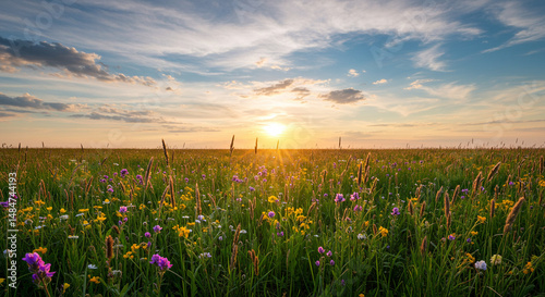 Meadow Blooms Glows at Sunset with Wildflowers, Grasses, and Sky in a Scenic View