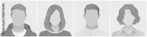 Collection of four anonymous gray silhouette avatar defoult photo placeholder for social media or profiles. Neutral expressions with distinct hairstyles highlighting individuality on gray background