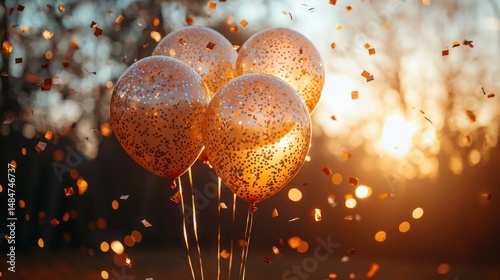 Festive gold balloons with confetti in sunset