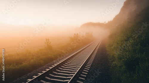 Lonely Train Tracks Through Foggy Field Leading  side of mountain