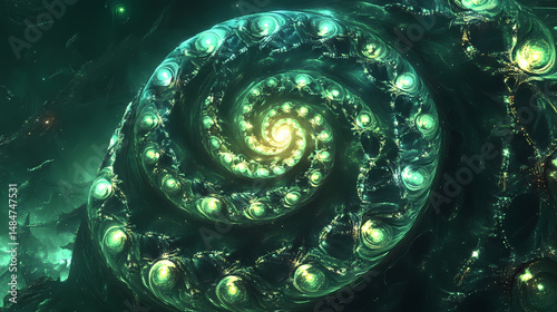 Vibrant green spiral structure with glowing lights and abstract patterns in a dark space. [Seraphic Depths] | Radiant Coil | glowing spiral. Illustration