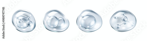 Collagen molecules bouncing inside bubbles realistic color icons set. Skincare beauty and cosmetic science 3d objects bundle on white