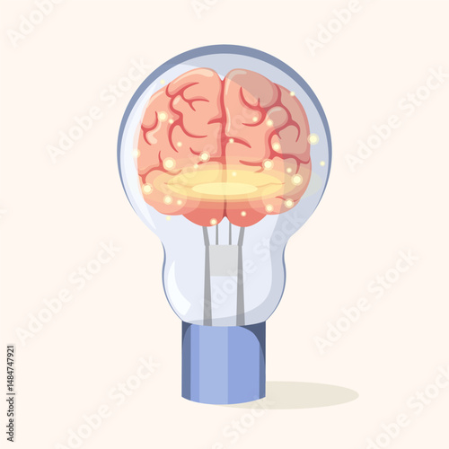 The human brain glows in a light bulb. A thought process, an idea. Vector illustration.