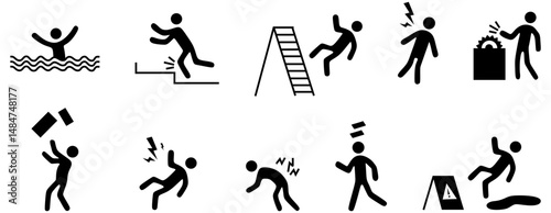 Accident pictogram man icon. Wet floor, injury leg, tipping pain pictogram sign set. Warning, danger icon stick man vector illustration