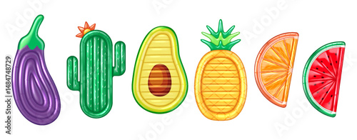 Illustration of bright inflatable pool floats resembling various fruits and plants, including eggplant, cactus, avocado, pineapple, orange, watermelon. Perfect for summer parties and beach fun.