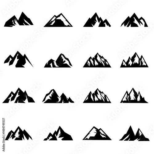 Set of mountain silhouettes. Unique rocky mountains icon or cool logo collection