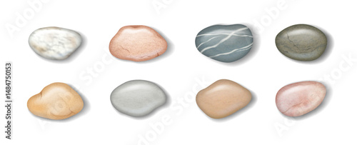 Illustration of eight smooth stones in various shapes and colors. Soft hues and gentle textures evoke calmness. Suitable for natural design elements.