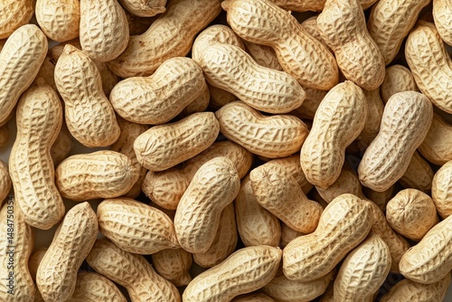 Close-up of shelled peanuts.  A pile of whole peanuts in their shells