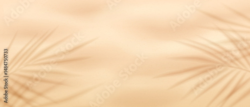 Sandy background, top view. Abstract background with palm leaf shadows creating a soft pattern on a beige backdrop. Warm sandy tones evoke a tropical feel. Ideal for summer themes.